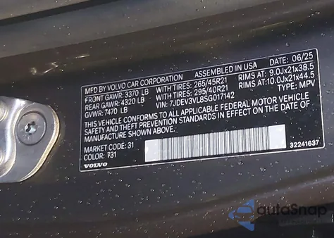 2025 Volvo Ex90 Twin Motor Ultra z USA, uszkodzony, nr VIN 7JDEV3VL8SG017142